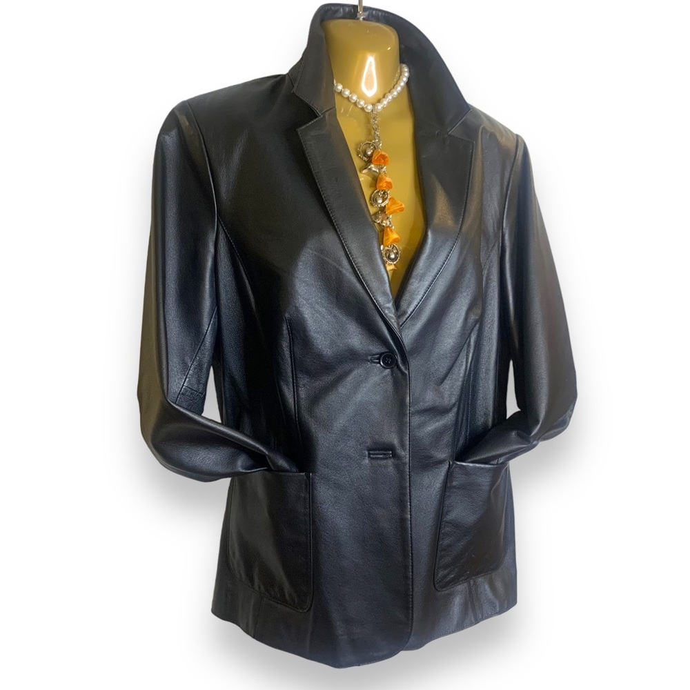 Vintage Outbrook Black Leather Blazer, 2 Button Front Closure, Size M